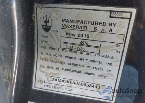 2010 Maserati Granturismo S/S Automatic z USA, uszkodzony, nr VIN ZAM45KLA0A0053443